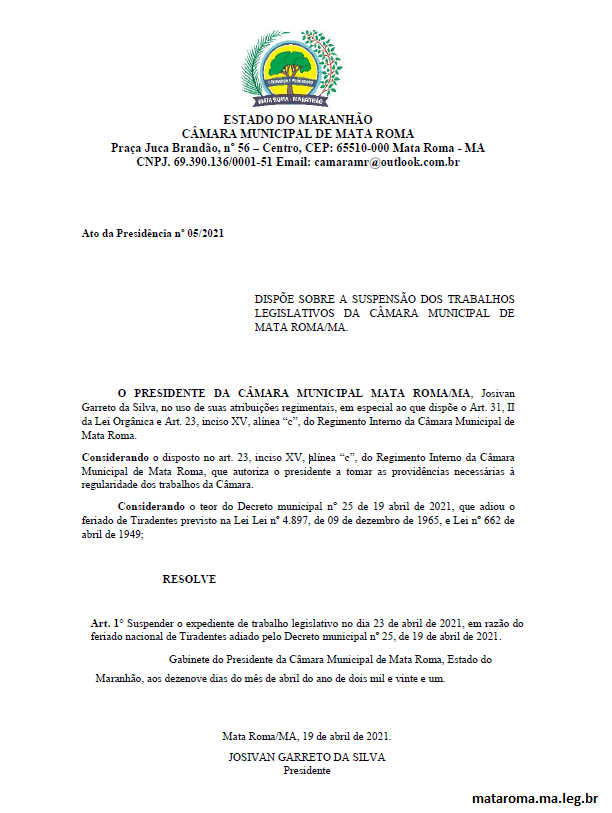 Suspender o expediente de trabalho legislativo no dia 23 de abril de 2021,